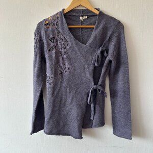 Moth Wrap Cardigan Sweater Womens Medium Purple Wool Blend Forest Fairy Whimsy